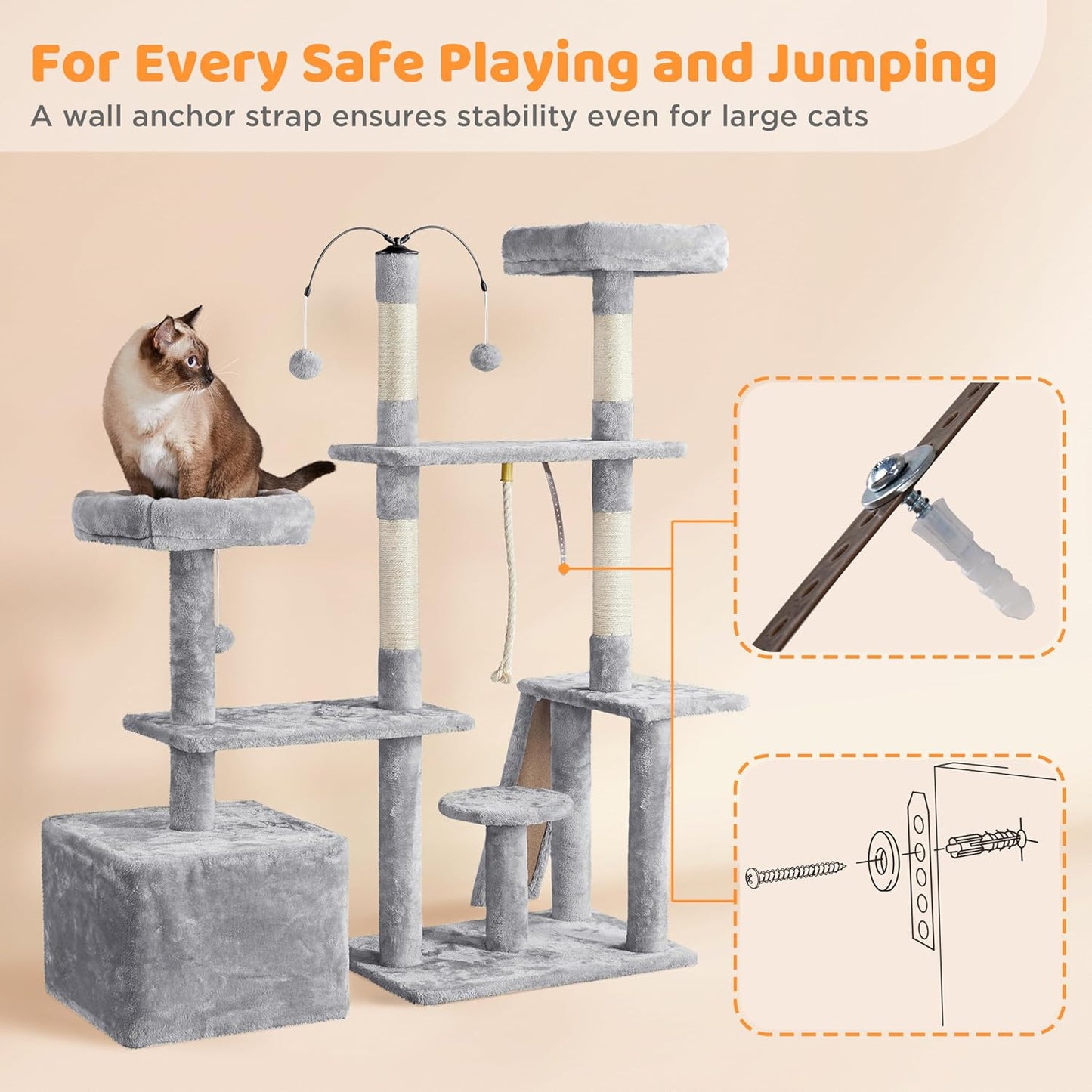 53.5-Inch Rotatable Multi-Level Cat Tower for Indoor Cats, Featuring Scratching Posts and Climbing Furniture, Light Gray