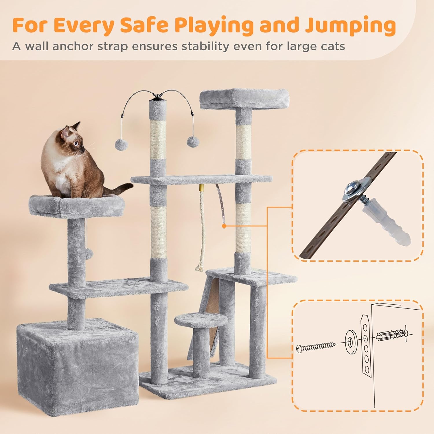 53.5-Inch Rotatable Multi-Level Cat Tower for Indoor Cats, Featuring Scratching Posts and Climbing Furniture, Light Gray
