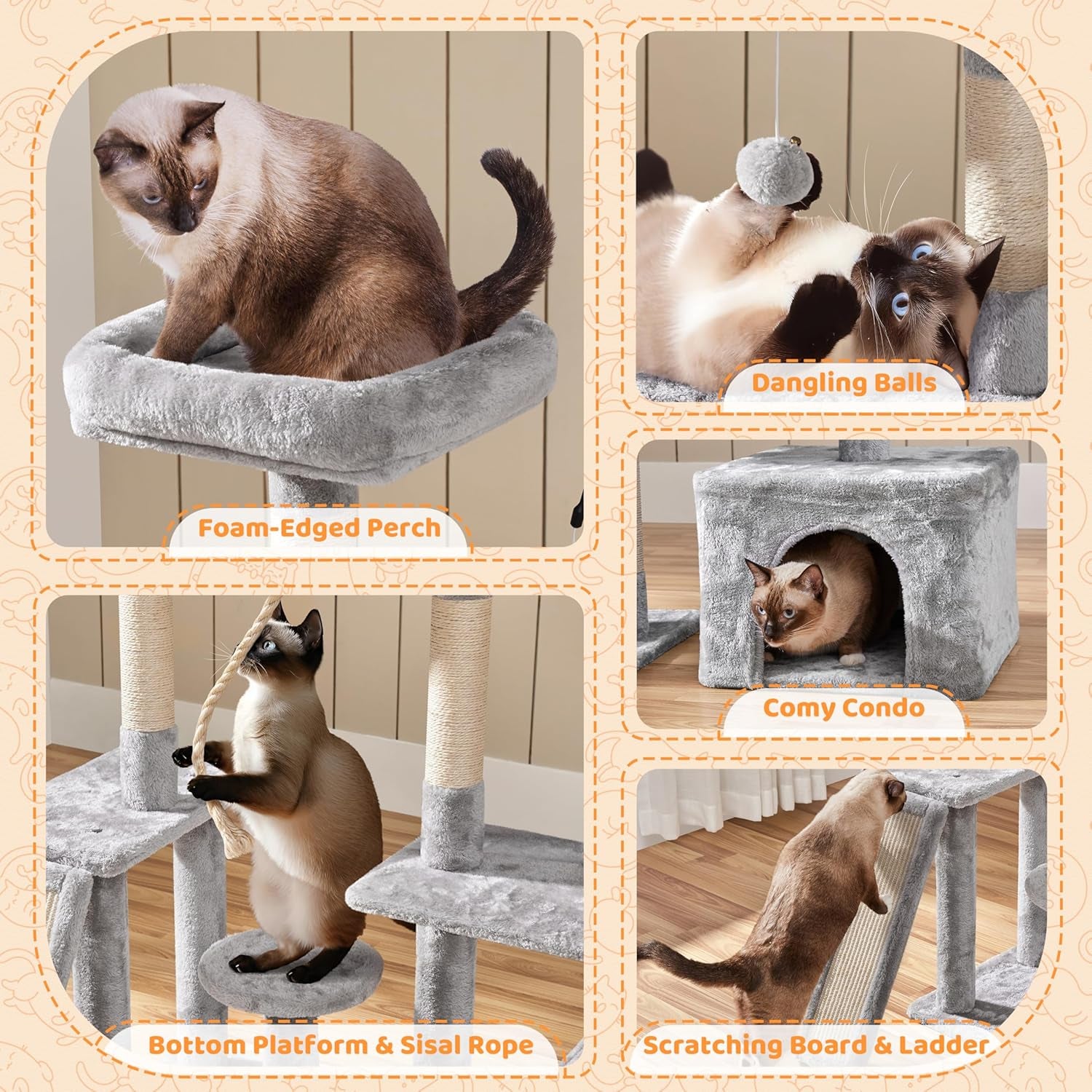53.5-Inch Rotatable Multi-Level Cat Tower for Indoor Cats, Featuring Scratching Posts and Climbing Furniture, Light Gray