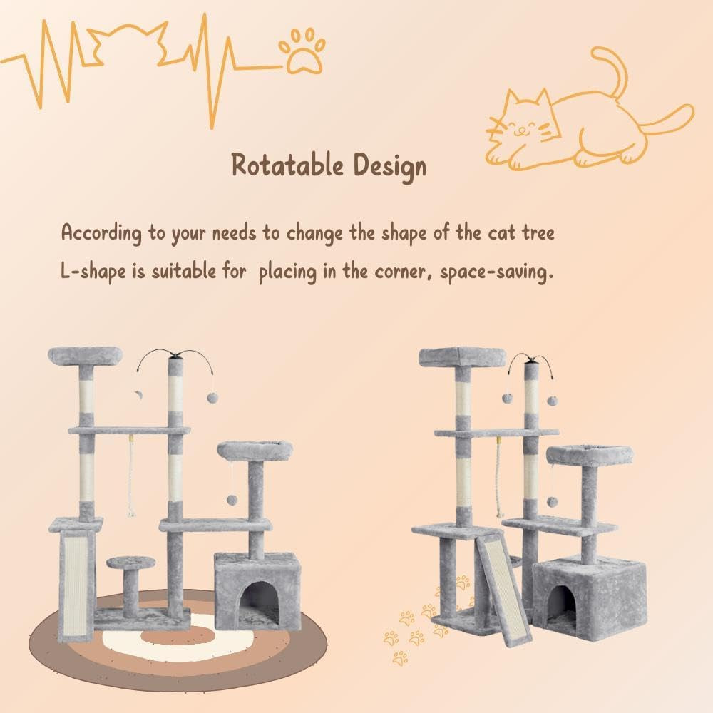 53.5-Inch Rotatable Multi-Level Cat Tower for Indoor Cats, Featuring Scratching Posts and Climbing Furniture, Light Gray