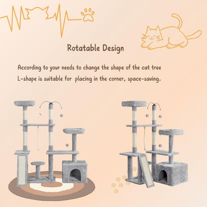 53.5-Inch Rotatable Multi-Level Cat Tower for Indoor Cats, Featuring Scratching Posts and Climbing Furniture, Light Gray