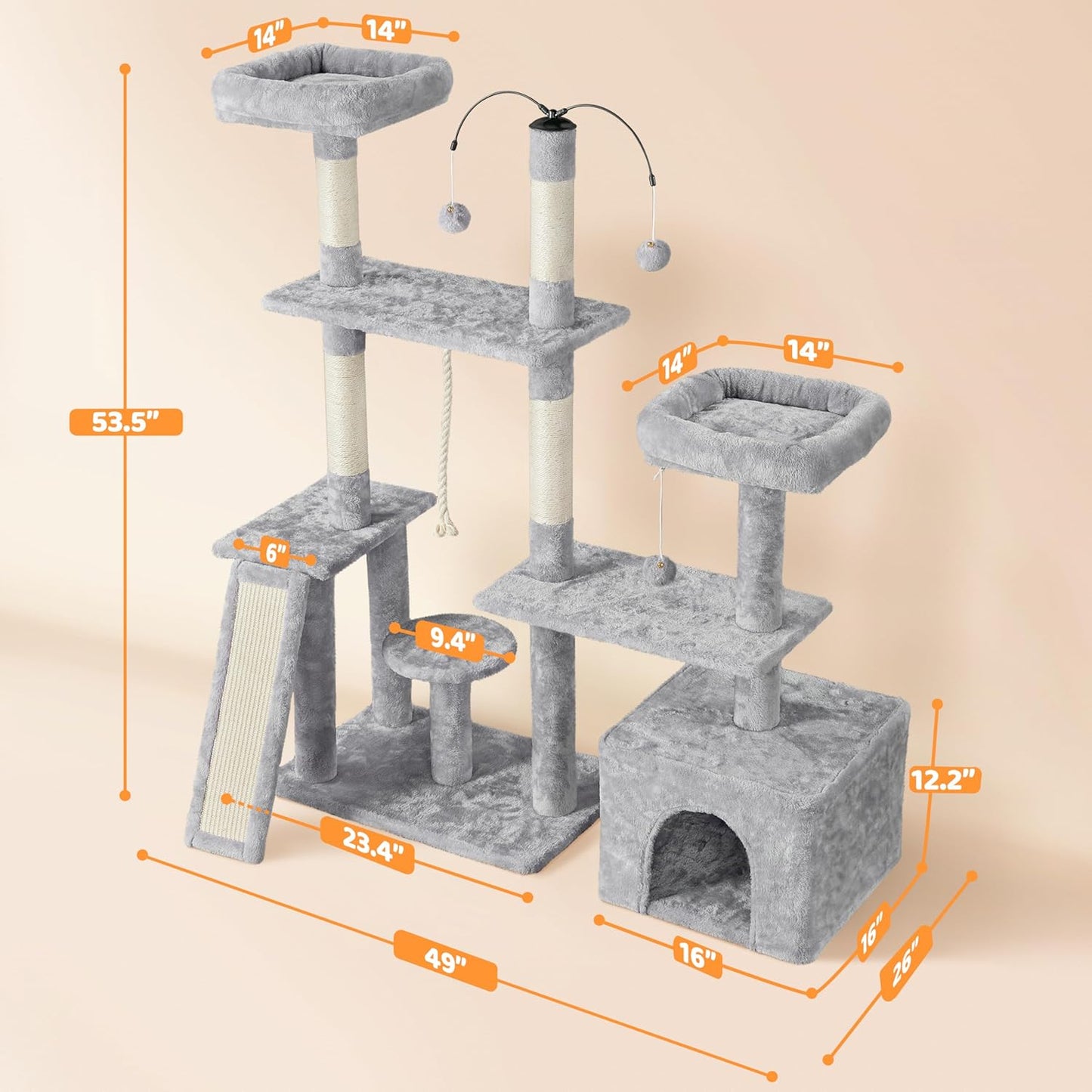 53.5-Inch Rotatable Multi-Level Cat Tower for Indoor Cats, Featuring Scratching Posts and Climbing Furniture, Light Gray
