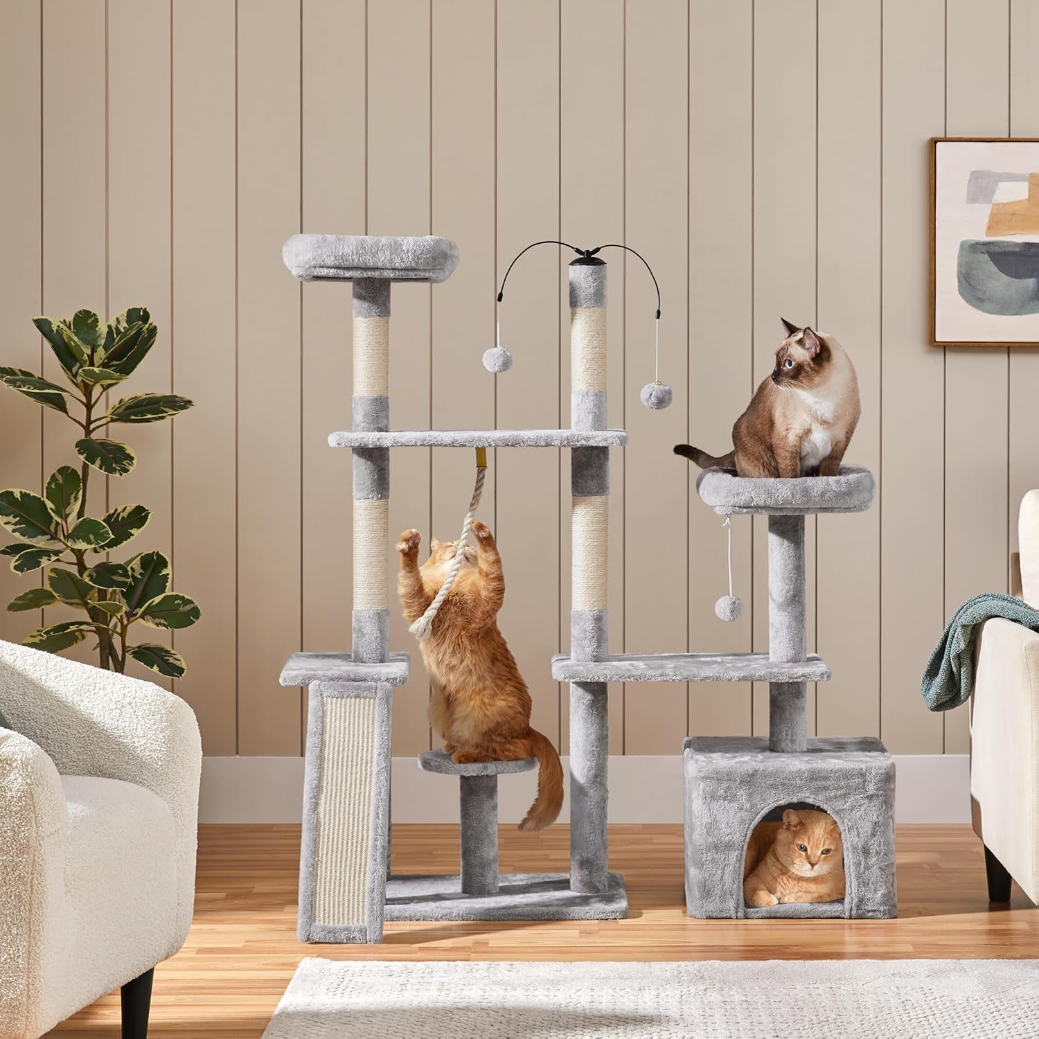 53.5-Inch Rotatable Multi-Level Cat Tower for Indoor Cats, Featuring Scratching Posts and Climbing Furniture, Light Gray