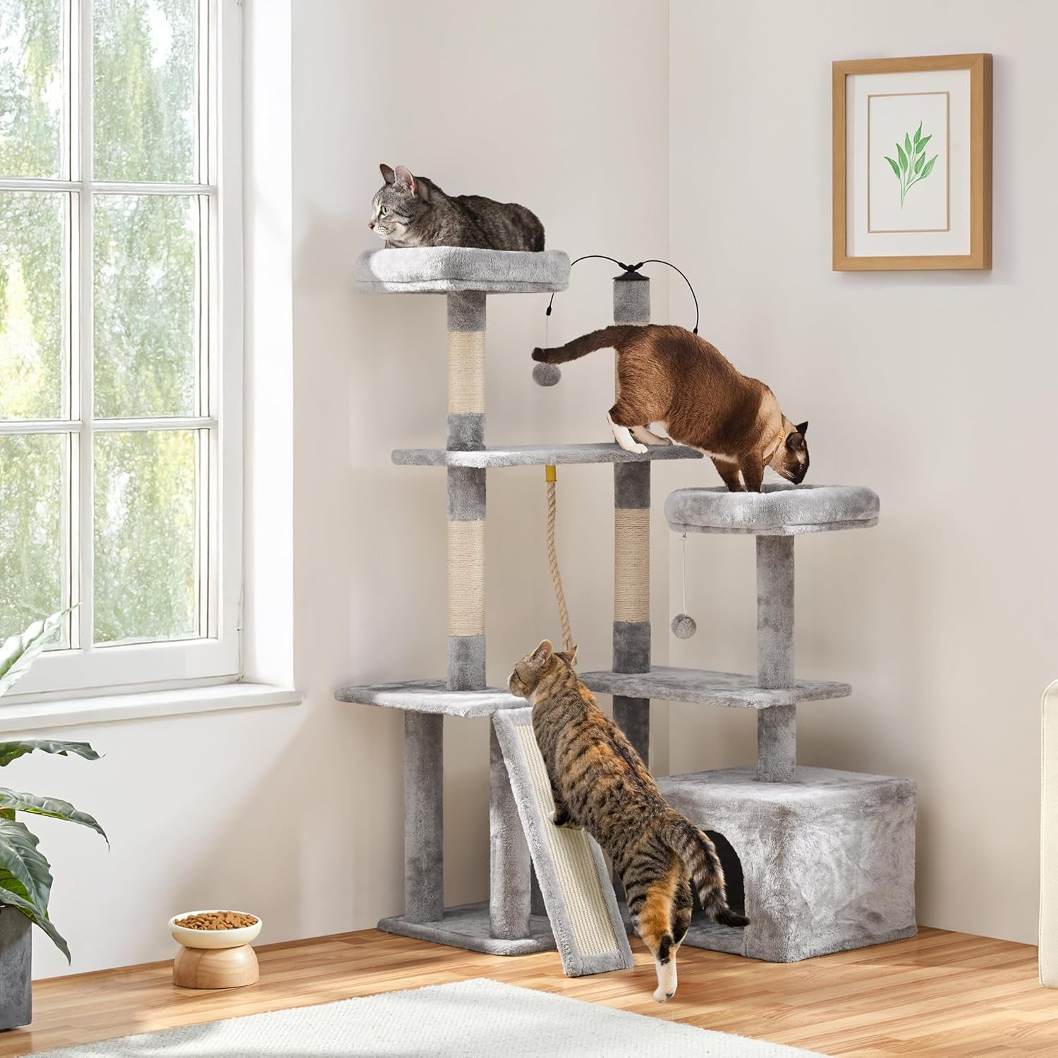53.5-Inch Rotatable Multi-Level Cat Tower for Indoor Cats, Featuring Scratching Posts and Climbing Furniture, Light Gray