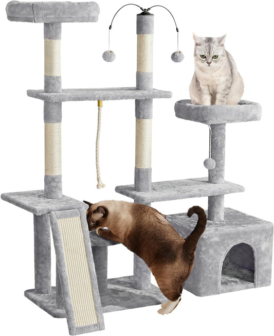 53.5-Inch Rotatable Multi-Level Cat Tower for Indoor Cats, Featuring Scratching Posts and Climbing Furniture, Light Gray